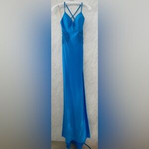 Blue Maxi fit and flare prom dress with Slit for formal occasions